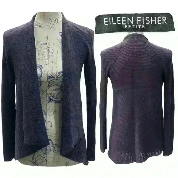 Eileen Fisher Wool Cardigan Open Sweater Womens PS Petite Italian Yarn Purple - Picture 1 of 9